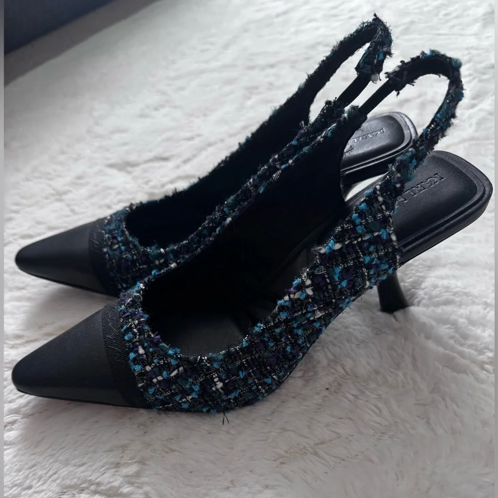 Karl Lagerfeld Black and Blue Tweed Sandals - Picture 5 of 7